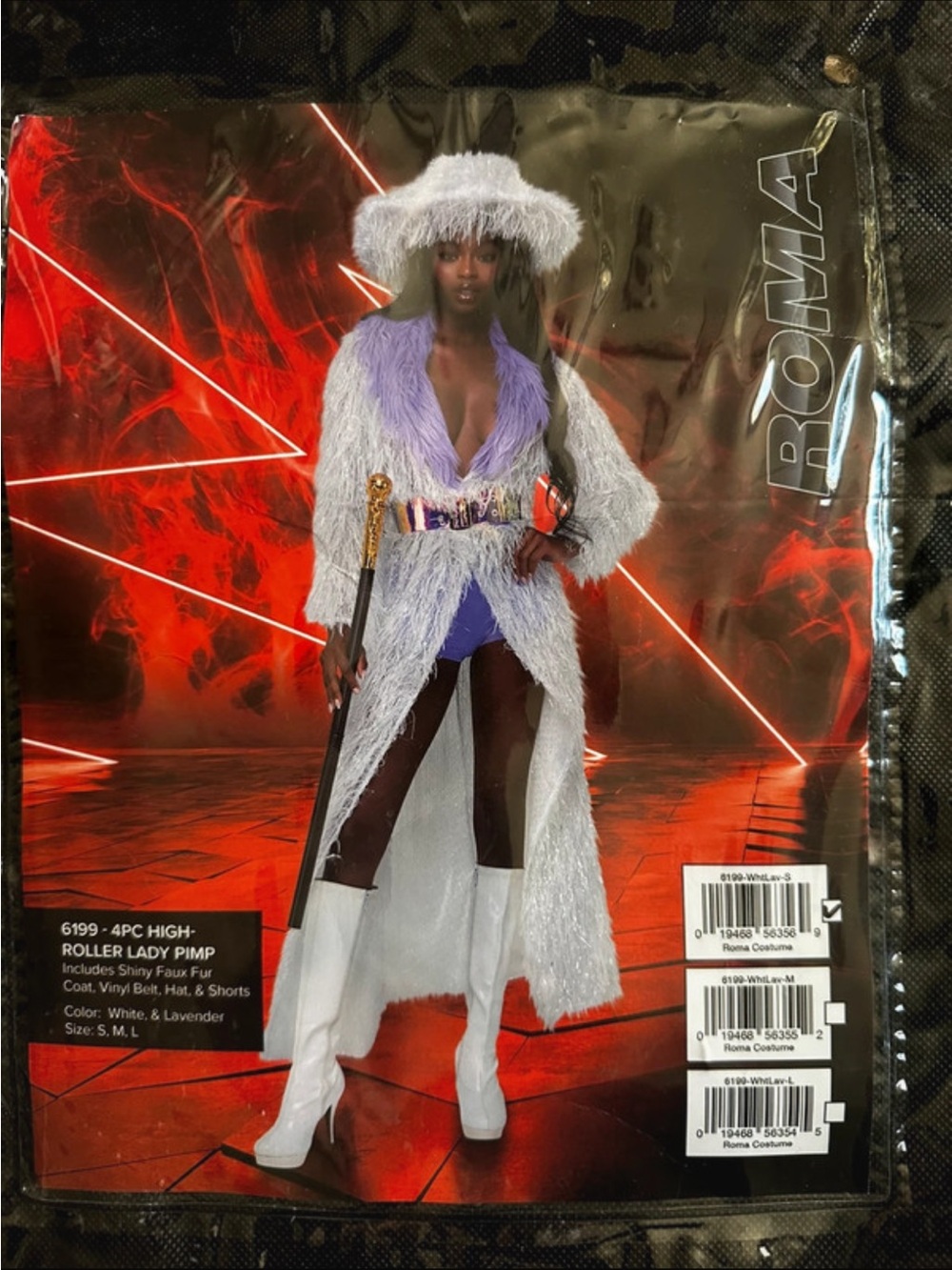Roma High Roller Lady Pimp Costume 4 Piece Faux Fur White Lavender S - Picture 3 of 3